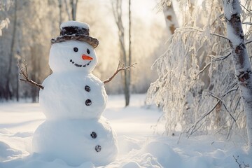 Obraz premium Enchanting Snowman winter forest art. Scene nature. Generate Ai