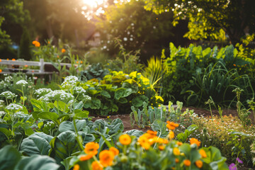 Lush vegetable garden in serene sunlight