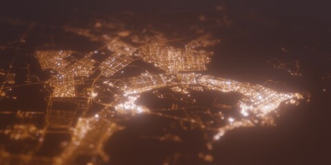 Street lights map of Abu Dhabi (UAE) with tilt-shift effect, view from north. Imitation of macro shot with blurred background. 3d render, selective focus