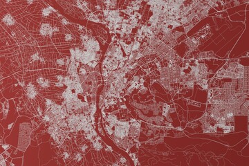 Map of the streets of Cairo (Egypt) made with white lines on red background. Top view. 3d render, illustration - obrazy, fototapety, plakaty