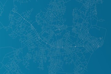 Map of the streets of Bissau (Guinea-Bissau) made with white lines on blue background. 3d render, illustration