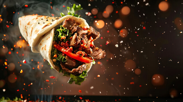 Delicious beef shawarma sandwich fresh roll, wrap of grilled meat and salad tortilla wrap with white sauce on dark background. turkish Doner Kebab on a lavash. Levitation, copy space. Menu, recipe