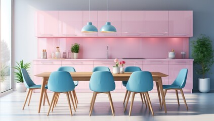 Stylish pink kitchen interior with modern furniture and refrigerator. pink kitchen with blue chairs.