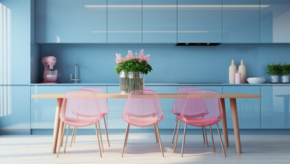 Obraz premium blue kitchen with pink chairs. modern interior.
