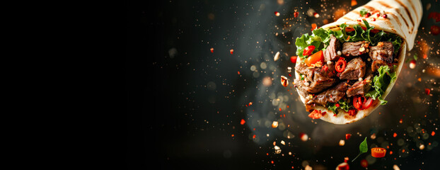 Chicken shawarma durum doner kebab banner. kafta shawarma chicken pita wrap roll sandwich. Delicious beef shawarma sandwich fresh roll with spices on dark background. Copy space, menu