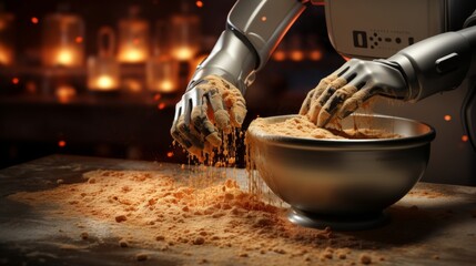 Close-up view of robot hands cooking and mixing ingredients in pot with copy space - obrazy, fototapety, plakaty