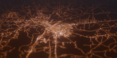 Street lights map of Alexandria (Louisiana, USA) with tilt-shift effect, view from west. Imitation of macro shot with blurred background. 3d render, selective focus