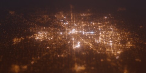 Street lights map of Indianapolis (Indiana, USA) with tilt-shift effect, view from east. Imitation of macro shot with blurred background. 3d render, selective focus