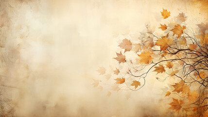 backdrop is a beige delicate background with a frame of floral ornament, warm parchment color and autumn tree branches