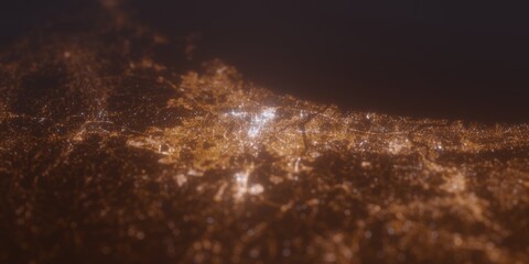 Street lights map of Sendai (Japan) with tilt-shift effect, view from west. Imitation of macro shot with blurred background. 3d render, selective focus