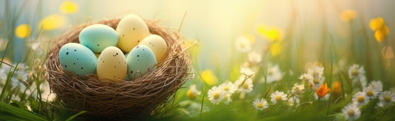 Easter composition with colorful Easter eggs in a nest on green grass. Spring concept with copy space. banner.