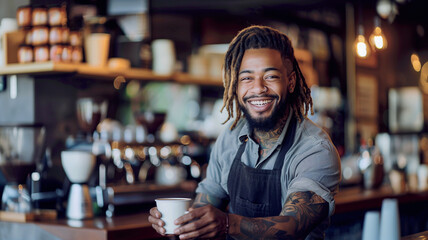 Portrait of handsome male barista standing in cafe - obrazy, fototapety, plakaty