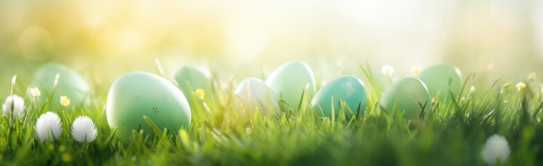 Easter composition with colorful Easter eggs in a nest on green grass. Spring concept with copy space. banner.