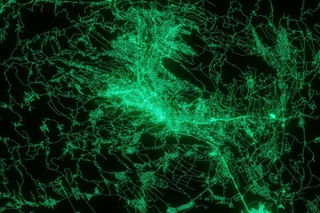 Map of the streets of Tbilisi (Georgia) made with green illumination and glow effect. Top view on roads network. 3d render, illustration - obrazy, fototapety, plakaty