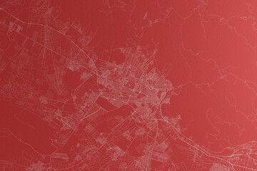 Map of the streets of Karaj (Iran) made with white lines on red paper. Top view, rough background. 3d render, illustration