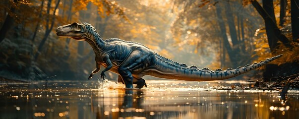 Baryonyx dinosaur hunting fish in a river . Concept Dinosaur Behavior, Prehistoric Scenes, Wildlife Photography, Underwater Creatures
