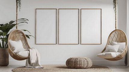 Multi mockup poster frames on bamboo matting wall, near hanging swing chair, Scandinavian style...