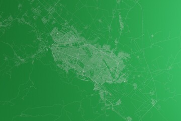 Map of the streets of Mashhad (Iran) made with white lines on green paper. Rough background. 3d render, illustration