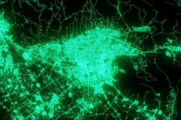 Map of the streets of Tehran (Iran) made with green illumination and glow effect. Top view on roads network. 3d render, illustration - obrazy, fototapety, plakaty