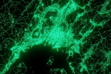 Map of the streets of Hiroshima (Japan) made with green illumination and glow effect. Top view on roads network. 3d render, illustration - obrazy, fototapety, plakaty