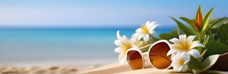 Beach summer panoramic background with frangipani flowers and sunglasses on the sand.
