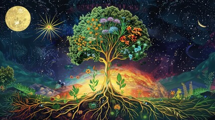 Obraz na płótnie Canvas Cosmic Tree of Life with Medicinal Plants and Spirituality