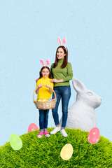 Vertical creative of cute family mother daughter hold eggs basket celebrate easter invitation...