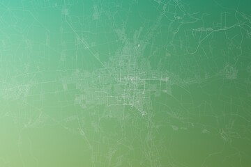 Map of the streets of Bishkek (Kyrgyzstan) made with white lines on yellowish green gradient background. Top view. 3d render, illustration - obrazy, fototapety, plakaty