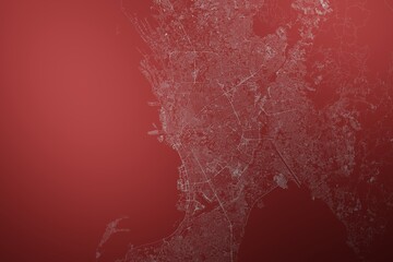 Map of the streets of Manila (Philippines) made with white lines on abstract red background lit by two lights. Top view. 3d render, illustration - obrazy, fototapety, plakaty