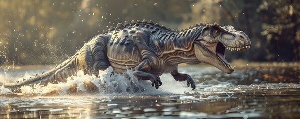 Baryonyx dinosaur hunting for fish in a river. Concept Dinosaurs, Prehistoric Animals, River...