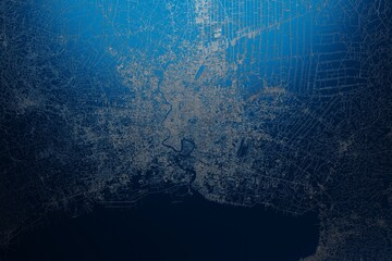 Street map of Bangkok (Thailand) engraved on blue metal background. View with light coming from top. 3d render, illustration - obrazy, fototapety, plakaty