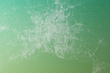 Map of the streets of Bangkok (Thailand) made with white lines on yellowish green gradient background. Top view. 3d render, illustration - obrazy, fototapety, plakaty