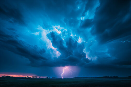 Picture of lightning striking in the middle of a wide field, very violent and dangerous.