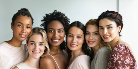 Fototapeta premium Portrait of group of multiracial women posing together against a grey background. Multiracial females standing together looking at camera and smiling. Multi-ethnic beauty. Different ethnicity women