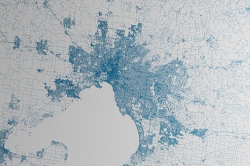 Obraz premium Map of the streets of Melbourne (Australia) made with blue lines on white paper. 3d render, illustration