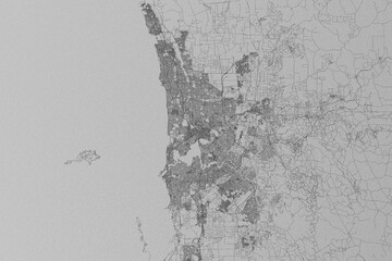 Map of the streets of Perth (Australia) made with black lines on grey paper. Top view. 3d render, illustration © Hairem