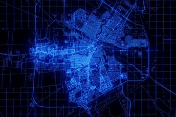 Street map of Winnipeg (Canada) made with blue illumination and glow effect. Top view on roads network