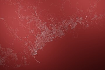 Map of the streets of Panama made with white lines on abstract red background lit by two lights. Top view. 3d render, illustration