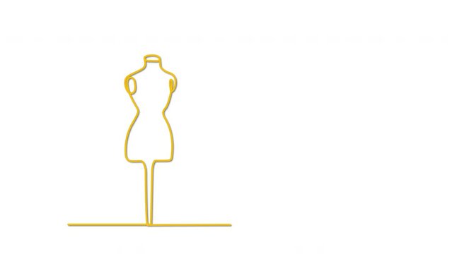 Fashion concept. Mannequin outline self drawing animation. Yellow golden line animated on white background.
