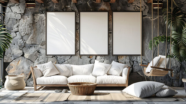 Multi mockup poster frames on rough hewn stone wall, near hammock swing, Scandinavian style living room