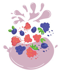 Ripe blackberries, blueberries and raspberries with splashes of juice. Vector illustration of organic fruit juice. Eco label concept for natural blackberries, blueberries and raspberries flavor. 