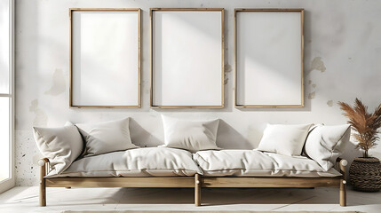 Multi mockup poster frames on plaster wall, near vintage daybed, Scandinavian style living room