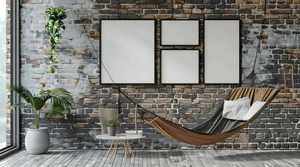 Multi mockup poster frames on mosaic brick wall, near hanging hammock chair, Scandinavian style living room