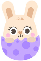 Happy spring easter little bunny sitting in easter purple polka dot eggshell