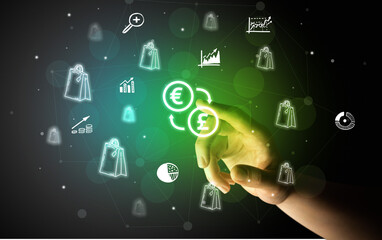 Businessman finger touching on screen multimedia interface with hand drawn currency icons