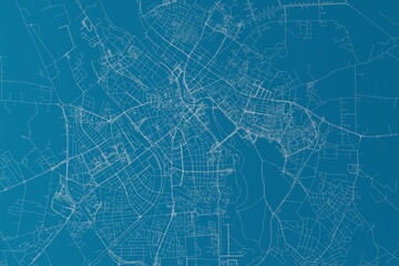 Map of the streets of Tartu (Estonia) made with white lines on blue background. 3d render, illustration