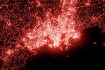 Street map of Helsinki (Finland) made with red illumination and glow effect. Top view on roads network. 3d render, illustration - obrazy, fototapety, plakaty