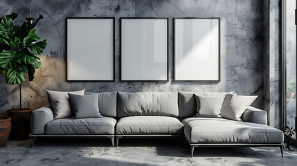 Multi mockup poster frames on an industrial metal pipe, adjacent to a cozy corner sofa