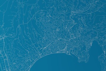 Map of the streets of Nice (France) made with white lines on blue background. 3d render, illustration