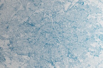 Map of the streets of Paris (France) made with blue lines on white paper. 3d render, illustration